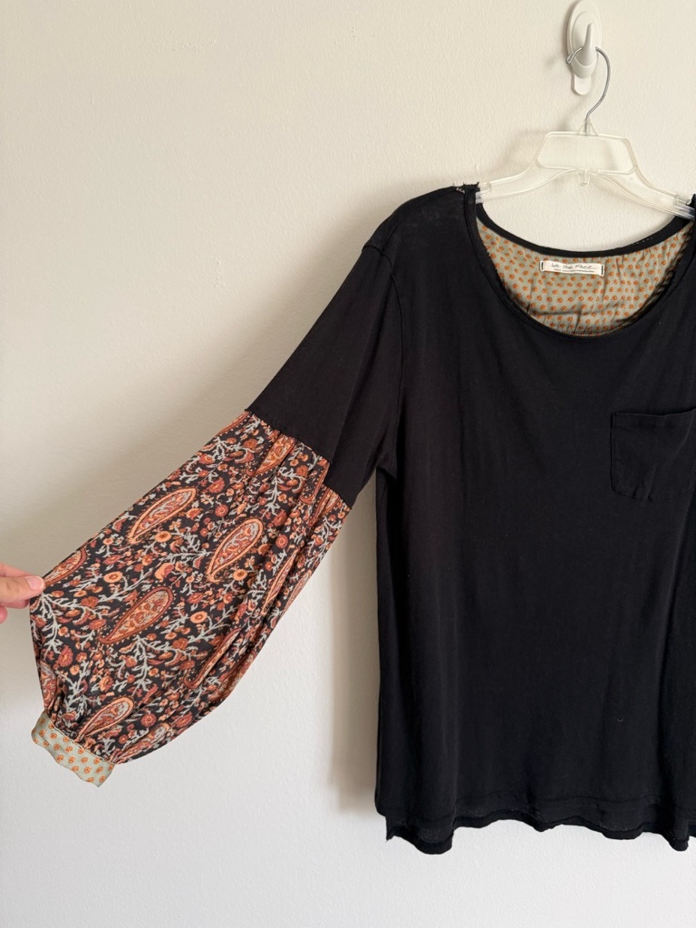 We The Free Black Jade Long Sleeve Top Faux Layered Paisley Sleeves Oversized S - Picture 4 of 8